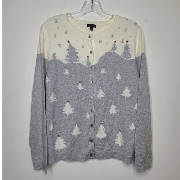 Talbots metallic cotton cashmere blend christmas trees sweater - large petite LP - Picture 1 of 7